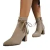 Botines cortos con lazo de flecos para mujer, punta fina, tacón grueso, cremallera lateral, elegantes y estilizados, botines cortos de moda para otoño e invierno para mujer
