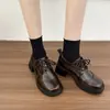 Mocasines Retro con Tacón Grueso y Cordones Tacones Altos Zapatos Pequeños de Cuero Estilo Academia Británica para Mujer Punta Redonda Versátiles Planos de Tacón Medio