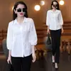 Camisa da Moda com Manga Três Quartos Feminina Verão Nova Elegante Solta Cobertura de Imperfeições Emagrecimento Patchwork Bordado Top Blusa