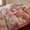 Conjunto de Quatro Peças Espesso Escovado 100% Algodão Puro Estilo Ins de Luxo Leve Lençol com Elástico 100% Algodão Capa de Edredom Conjunto de Cama Floral de Três Peças 4