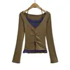 8750-26 Outono Estilo Desejo Puro Renda Sexy Patchwork Falso Duas Peças Torcido Manga Longa Camiseta Cintura Marcada Cropped