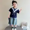 Conjunto Jeans de Manga Curta com Estampa de Laços para Meninas 2026 Verão Novo Estiloso e Fofo Duas Peças para Bebês