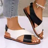 Sandalias Romanas de Tira Ancha y Punta Redonda de Gran Tamaño para Mujer, Sandalias de Playa Planas con Tira Cruzada y Punta Abierta, Comercio Exterior Europeo y Americano