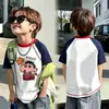 Camiseta Manga Curta Color Blocking Estilo Coreano para Meninos e Meninas, Casual de Verão Versátil Gola Redonda Estampa Cartoon Camiseta Básica para Crianças Maiores