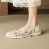 Zapatos Mary Jane huecos tejidos de piel de vaca de primera capa estilo francés, suela suave y cómoda, puntera redonda poco profunda, tacón plano, zapatos casuales para mujer, talla 40