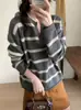 Moda suave estilo coreano~ Suéter de lana para mujer con cuello polo, diseño elegante, efecto adelgazante, rayas de colores contrastantes, suéter de punto con cuello en V