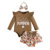 Conjunto de Disfraz de Halloween para Bebé: Mamelón de Manga Larga con Volantes y Letras, Shorts con Estampado de Calabaza, Diadema - Conjunto de Tres Piezas para Recién Nacido
