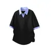 Camiseta Listrada Patchwork Falsa de Duas Peças com Gola Reversível e Manga Curta para Homens, Camisa Polo Casual Solta de Verão, Moda de Rua