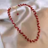 Colar Trançado Pérola de Casa Ágata Vermelha Corrente de Clavícula Design Elegante Cyber Popular Moda Ano do Pássaro Corrente de Lã