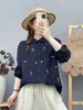 Coleção Outono 2026: Cardigan Feminino de Gaze Dupla Bordado Floral com Gola Alta Estilo Japonês Camisa Top de Manga Longa