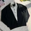 Cárdigan retro americano de cuello alto, suéter de dos piezas falso para hombre y mujer, chaqueta de punto casual simple estilo perezoso para pareja, para ir al trabajo