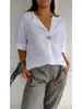 Top de Algodón y Lino de Manga Media Estilo Europeo de Moda de Hong Kong, Nuevo Top de Manga Corta Primavera/Verano con Diseño de Cuello en V, Tallas Grandes para Mujer