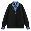 Moletom Patchwork Meio Zíper Estilo Americano Falso Duas Peças para Homens, Outono e Inverno, Peça Pesada com Gola Polo Sem Capuz