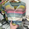 Cardigan de Tricô Colorido Transfronteiriço para Mulheres Verão Novo Recortes Listrado Slim Gola V Manga Curta Seção Fina