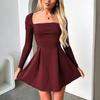 Moda Transfronteriza Europea y Americana Elegante Sexy Elegante Lv Vestido Largo de Manga Larga Esponjoso de Color Puro Ajustado con Cuello Cuadrado