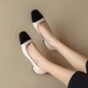 Sapatilhas Quadradas de Salto Grosso Color Block Estilo Pequeno e Perfumado para Mulheres Primavera e Outono 2024 Sapatos Franceses de Salto Médio com Bico Quadrado e Decote Baixo Sapatos Franceses de Salto Alto