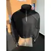 Moletom de gola alta com zíper parcial, patchwork desconstruído estilo universitário, unissex, para outono, estilo cleanfit, esportivo casual