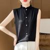 Ropa de Verano Nueva para Mujer Transfronteriza 2025 Camiseta Básica sin Mangas con Botones en el Cuello Lateral Top Chaleco Corto Ropa Tejido de Punto para Mujer