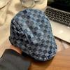 Boina Gorra de Tela Cuadros Denim para Mujer, Estilo Japonés Vintage Lavado, Gorra de Pintor para Cabeza Grande para Primavera y Otoño