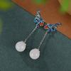 Pendientes largos de plata de ley S925 bañados en oro con jade blanco Hotan y cloisonné de One Deer, estilo vintage, para mujer.