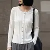 Outono de 2026 Novo Tricô Feminino Estilo Coreano e Japonês Cardigã Suéter Gola Redonda, Canelado Fino Versátil Slim-Fit Casaco