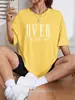 Talla Europea Transfronteriza Pensamiento Estampado de Letras Camiseta Casual de Algodón para Mujer de Manga Corta Transpirable Retro Cuello Redondo