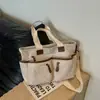 Bolsa Tote de Veludo Cotelê Khaki Suave, Macia e Aconchegante, Simples e Durável, com Múltiplos Compartimentos, para o Dia a Dia, Escola, Ombro