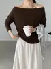 Camiseta Feminina de Outono Precoce, Preguiçosa e Casual, com Ombro Caído e Manga Longa, Cintura Franzida para Efeito Emagrecedor, Top de Um Ombro N6032