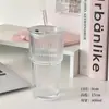Copo de Vidro Grande Capacidade Estilo Ins com Tampa e Canudo, Design Listrado Vertical, Alto Valor Estético, Adequado para Bebidas Geladas, Suco, Café e Água