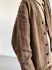 Suéter Cardigan de Malha com Listras Maillard Neutras de Fábrica para Primavera e Inverno para Meninos e Meninas Estilo Preppy Retrô Gola V Tendência