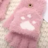 Guantes de punto de lana sintética de visón para invierno, medio dedo abatible, lindos guantes de garra de gato, forro polar, gruesos, a prueba de frío, cálidos