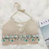 Foto real camisola estilo étnico feminina verão ao ar livre férias à beira-mar curta sexy vazada crochê tricô top moda