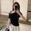 Blusa de Tricô Assimétrica com Decote Ombro a Ombro, Manga Curta, Design de Caranguejo com Cinco Painéis, Tridimensional, para Mulheres, Novo Estilo de Verão, Top Curto com Cordão Emagrecedor