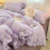 Encaje Crema Rosa Femenino Cuadros Estilo Coreano Juego de Cama de Cuatro Piezas Funda Nórdica de Gasa de Doble Capa de Algodón Lavado Dormitorio Juego de Sábana Bajera de Tres Piezas