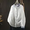 Camisa Blanca para Mujer Principios de Otoño 2025 Nueva Algodón de Hilo Doble Cuello de Cuadros Contrastantes Literaria Simple Versátil Camisa Casual