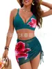 Nuevo traje de baño de tres piezas con estampado para mujer de comercio exterior transfronterizo de Amazon, bikini con estampado personalizado de lirio encantador