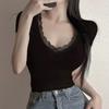 Coreia do Sul Dongdaemun Novo Produto Renda Pura na Borda ~ Camiseta Feminina Sexy de Manga Curta com Decote V e Toque Suave na Pele