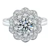 Anillo abierto de doble capa con flor de platino 950 bañado en oro con forma de ciruela, imitación de moissanita, con voz en vivo.