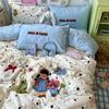 Lençol de Algodão Lavado Classe A Conjunto de Quatro Peças Primavera Desenho Animado Toalha Capa de Edredom Bordada Conjunto de Três Peças para Cama Nantong Home Textile