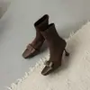 Botas Curtas de Salto Alto Quadradas de Couro Integral com Laço e Zíper Lateral Estilo Coreano Retrô para Mulheres Estilo Francês
