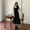 Vestido Negro Pequeño Estilo Hepburn para Mujer 2026 Primavera y Otoño Nuevo Vintage Cuello en V Largo Por Encima de la Rodilla Negro Elegante Vestido Falda Larga