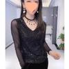Camiseta de Malla de Manga Larga con Cuello en V y Lentejuelas a la Moda para Mujer Primavera y Otoño 2025 Ajuste Slim Versátil Camiseta Básica
