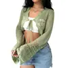 Suéter Feminino 2026 com Toque de Luxo, Tricô Cropped de Manga Longa com Decote V e Amarração, Cardigã Vazado para Primavera e Outono