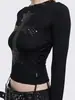 Camiseta Larga Punk Niche Transfronteriza Europea y Americana con Strass, Forma de Cruz Personalizada Versátil Y2K Casual Ajustada con Cuello Negro Solapa