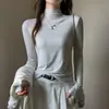 Camiseta Básica Blanca para Mujer de Mezcla de Lana y Tencel, Corte Ajustado, Adelgazante, Cuello Semi Alto, Manga Larga de Modal, Top Sencillo