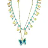 Corrente de Clavícula Dupla Camada com Borboleta de Strass Colorido e Concha de Luxo Leve e Requintada Doce e Elegante Feminina Elegante Colar de Alto Padrão