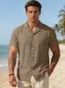 Nova camisa de algodão e linho transfronteiriça para a Amazon, estilo europeu e americano de verão, corte solto casual, blusa masculina de manga curta de abotoamento simples