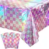 Venda Quente Transfronteiriça Festa de Aniversário Toalha de Mesa Xadrez Preto e Branco à Prova d'Água Laser Folha de Alumínio Suprimentos de Decoração para Cenário