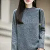 Suéter casual de lã cinza para mulheres com gola semi-alta, fio floral, caimento solto, top de tricô, novo estilo outono/inverno