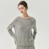 Suéter de punto fino suelto Campbell Yarn 75% cachemira 25% seda de morera para mujer, cuello redondo, top hueco versátil